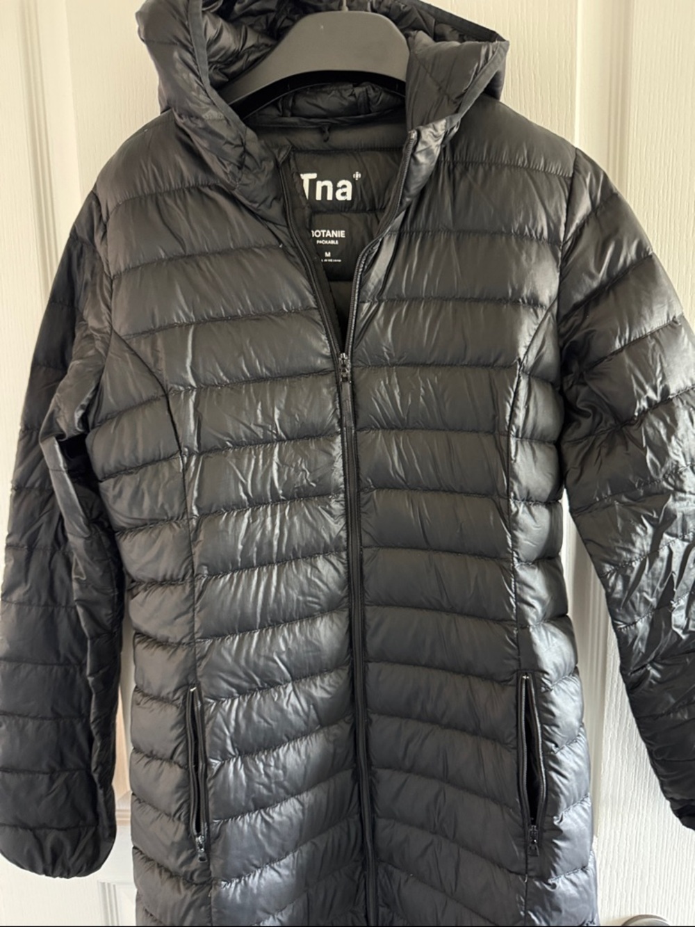 TNA Women’s Black Hooded Botanie Puffer long Coat